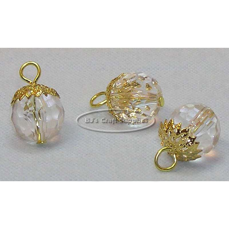 Clear faceted capped bead dangles with gold tone bead caps and loops for earrings, bracelets, necklaces and jewelry making