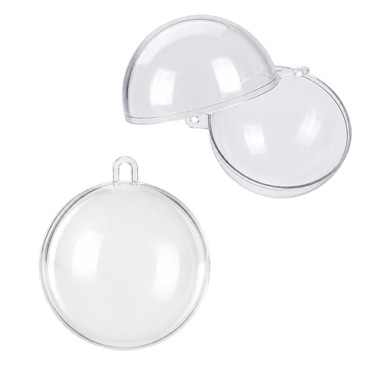 140 mm clear acrylic fillable ornament ball with hanging loop that snaps into two clear halves for decorating, filling with keepsakes, and creating Christmas ornaments and other craft projects.