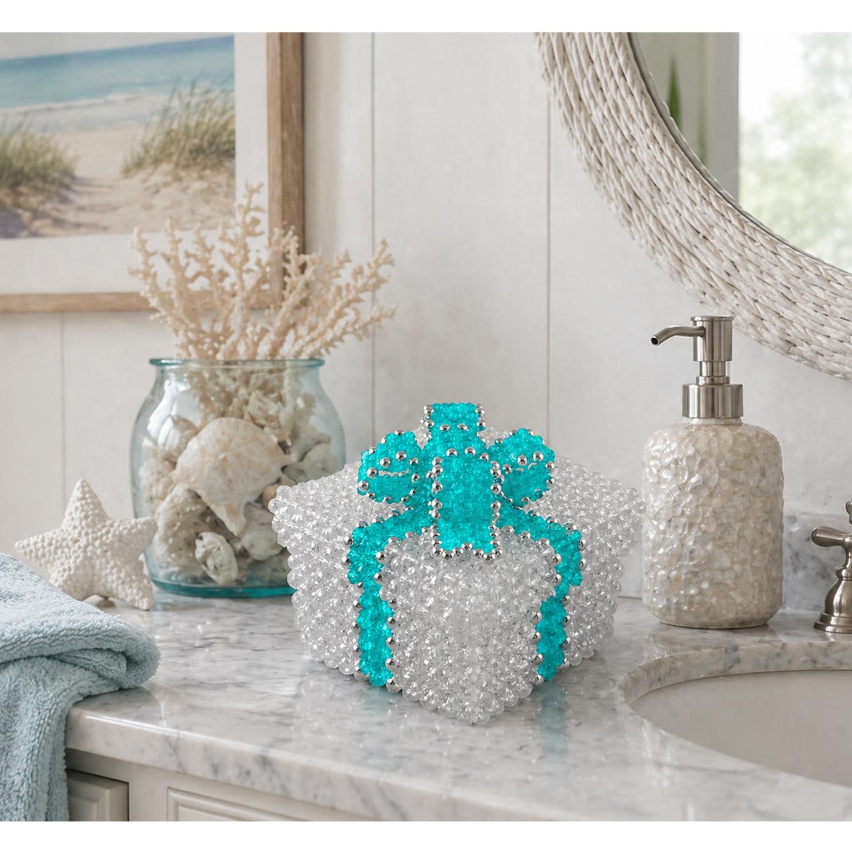 Crystal Beaded Box with Aqua Beaded Bow on a Guest Bathroom Counter