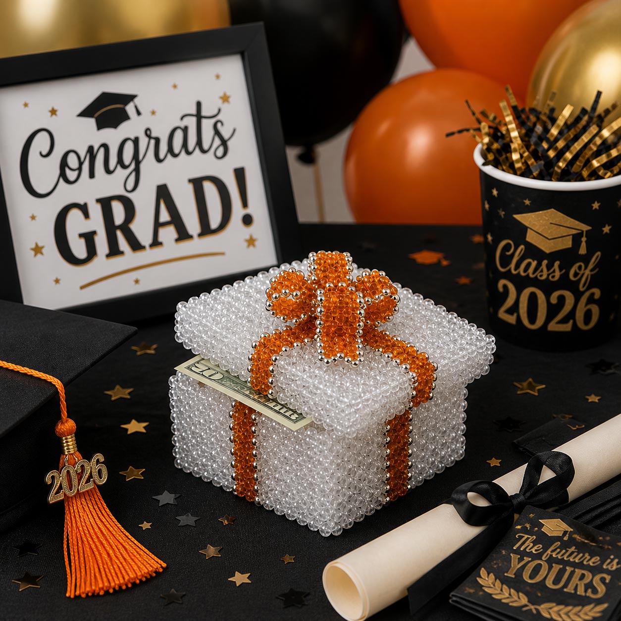 Crystal Beaded Box with a Beaded Bow in School Colors for a High School or College Graduate