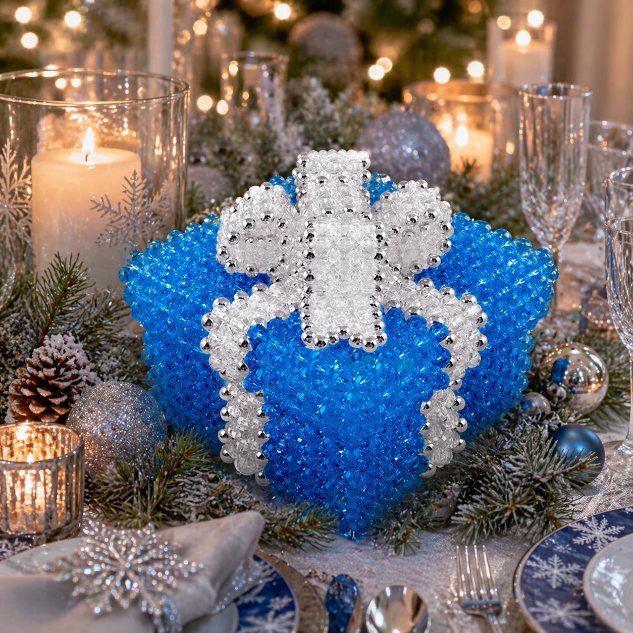 Light Blue Beaded Box with Crystal Bow for Winter Table Decorating