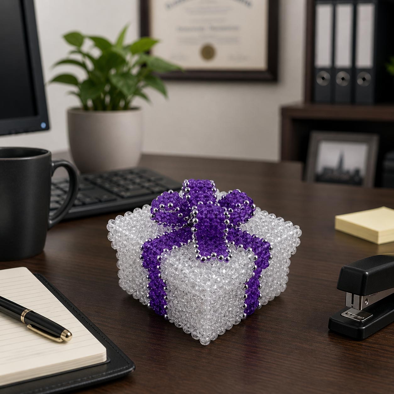 Crystal Beaded Box with a Purple Beaded Bow on a Desk