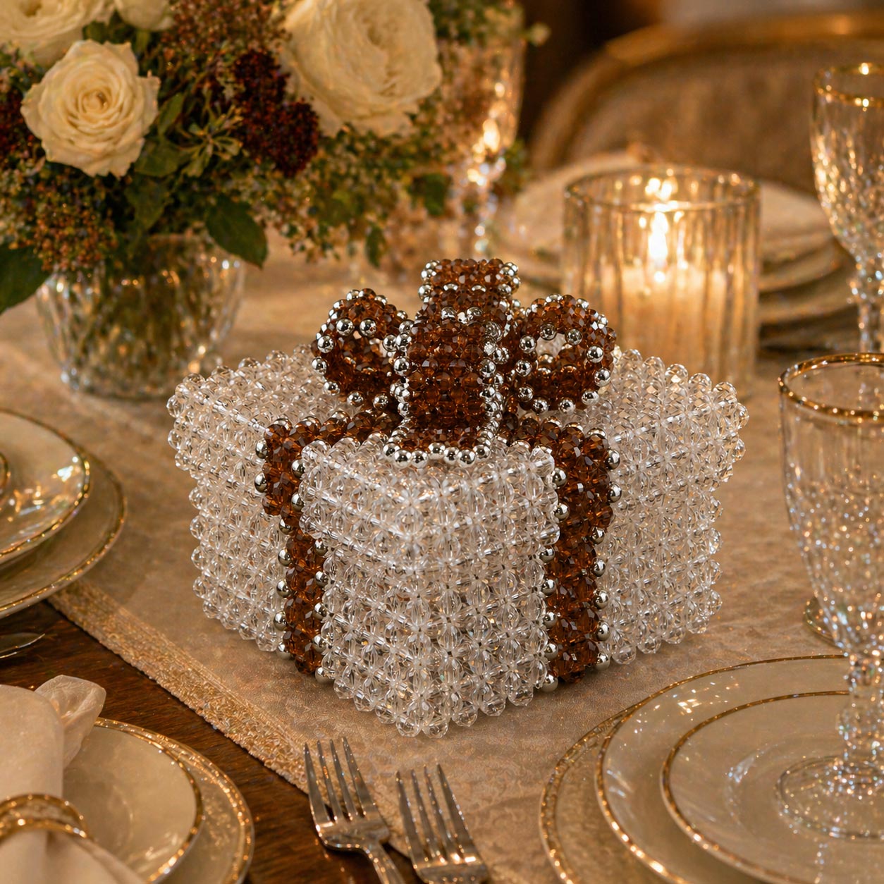 Crystal Beaded Box with Rootbeer Beaded Bow to Dress Up Your Dinner Party Table or Holiday Meal