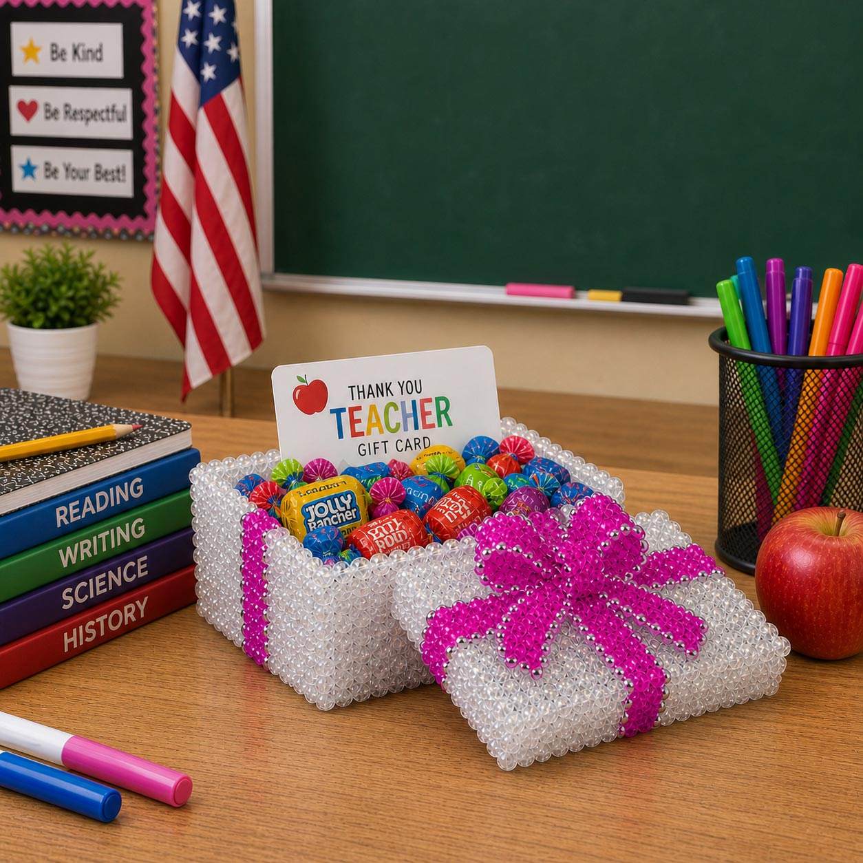 Crystal Beaded Box with a Bright Pink Beaded Bow for a Teacher's Gift