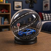 Sports car fillable ornament craft idea featuring a miniature race car and road signs for boys' room décor and automotive gifts.