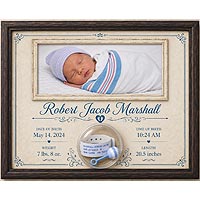 Baby birth announcement keepsake featuring a newborn photo, birth statistics, and fillable ornament hospital bracelet display for nursery décor and family gifts.