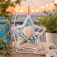 Beach themed fillable star ornament craft filled with seashells, starfish and blue accents for coastal, nautical and summer decorating.
