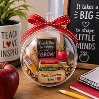 Personalized fillable ornament teacher appreciation gift idea featuring school-themed embellishments and inspirational messages for educators and classroom gifts.