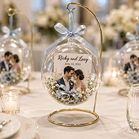 Romantic wedding fillable ornament craft idea with bride and groom figurines and floral embellishments for wedding and anniversary keepsakes.